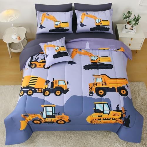 JQinHome Construction Queen Bedding Sets for Boys Kids,8 Piece Bed in A Bag 3D Cartoon Car Excavator Tractor Comforter Set with Sheet Set,Trucks Cars