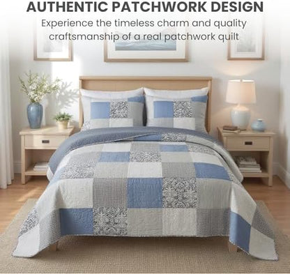 SLPR - Sweet Dreams Blue Patchwork Cotton Quilt Set, Queen with 2 Shams