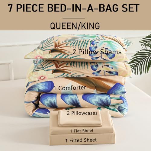 Yogeneg 7 Piece Bed in a Bag Queen Size Comforter Set Khaki Bedding Set,Yellow Floral Green Leaves Pattern Reversible Design,Soft Microfiber Comforter with Sheet Set,All Season(Khaki,Queen)