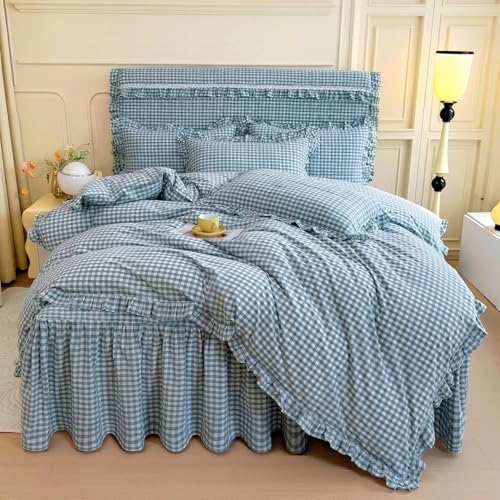 LifeTB Blue Gingham Comforter Set Full Size Ruffle Plaid Grid Bed Comforter Set with 2 Pillowcases Lightweight Gingham Bedding Set Soft Fluffy Farmhouse Plaid Checkered Pattern Comforter Full Size