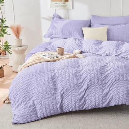 HYMOKEGE Light Purple California King Comforter Set Seersucker 7 Pieces, All Season Luxury Bed in a Bag for Bedroom, Bedding Set with Comforter, Sheets, Pillowcases & Shams