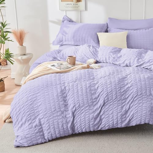 HYMOKEGE Light Purple King Size Comforter Set Seersucker 7 Pieces, All Season Luxury Bed in a Bag for Bedroom, Bedding Set with Comforter, Sheets, Pillowcases & Shams