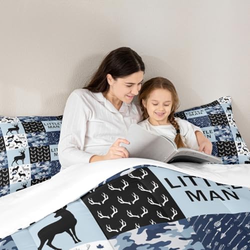 Manfei Camo Deer Antlers Comforter Set Twin,Geometric Checks Patchwork Bedding Set 2pcs for Kids Teens Boys Adults Room Decor,Boho Arrow Animals Quilt Set,Blue Xmas Duvet Insert with 1 Pillowcase