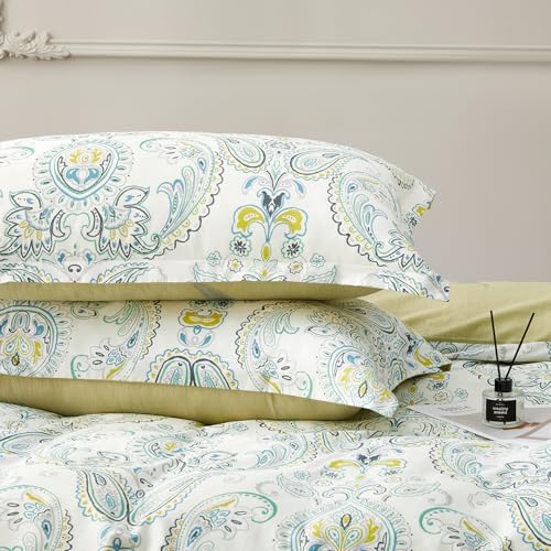 SAPHREAS Light Green Paisley Duvet Cover Set Full Size 3pcs Soft Cotton Vintage Bohemian Bedding Comforter Cover Set, 1 Duvet Cover 80"x90" and 2 Pillow Shams 20"x26"