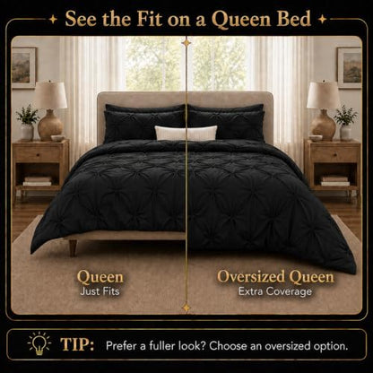 CozyLux Oversized Queen Comforter Set Black, 7 Pieces Pintuck Bed in a Bag