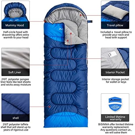 BISINNA Sleeping Bag with Pillow - 4 Season Backpacking Sleeping Bag Lightweight Waterproof Warm and Washable for Adults, Kids, Women, Men's Outdoors Camping, Hiking, Mountaineering