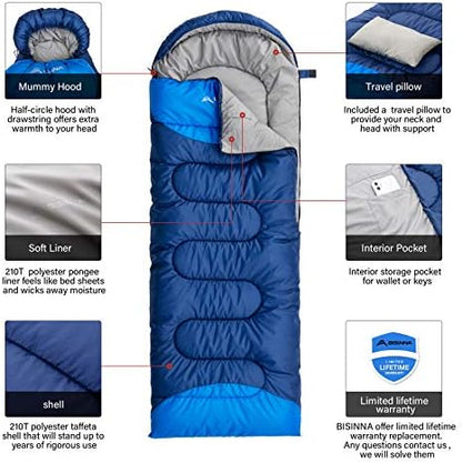 BISINNA Sleeping Bag with Pillow - 4 Season Backpacking Sleeping Bag Lightweight Waterproof Warm and Washable for Adults, Kids, Women, Men's Outdoors Camping, Hiking, Mountaineering