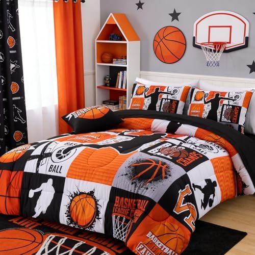 Aimuan Sports Geometric Grid Black Patchwork Basketball Printed for Boys Full 6Pcs Bed in A Bag Comforter Bedding Set (Orange, Full 6Pcs)