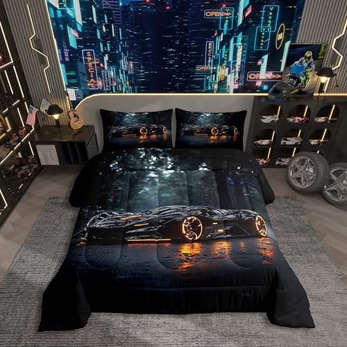 Erosebridal Sports Car Comforter Black Race Car Comforter Set for Kids Boys Girls Extreme Sports Theme Bedding Set Cool Speed Luxury Cars Decor Quilt Set with 2 Pillowcases 3Pcs Bedding Full Size