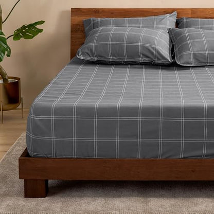 Bare Home Fitted Sheet - 1800 Ultra-Soft (Queen, Modern Plaid - Grey/White)