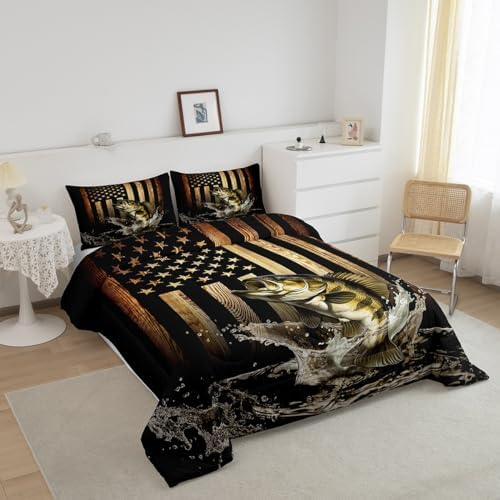 Vintage American Flag Comforter Set Queen Size,Bass Fish Bedding Set for Kids Teens Men Adult Room Decor,Fishing and Hunting Quilt Set Black Brown Rustic Farmhouse Wood Striped Duvet Insert 3Pcs