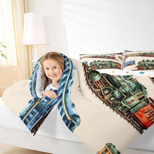 Erosebridal Boys Train Full Bedding Set for Home, Vintage Steam Train Comforter Set, Steam Engine Comforter, Transportation Vehicle Quilt with 2 Pillowcases for Kids Teen Men Bedroom, Lightweight