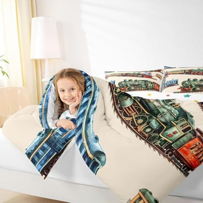 Erosebridal Boys Train Bedding Set King for Home, Vintage Steam Train Comforter Set, Steam Engine Comforter, Transportation Vehicle Quilt with 2 Pillowcases for Kids Teen Men Bedroom, Lightweight
