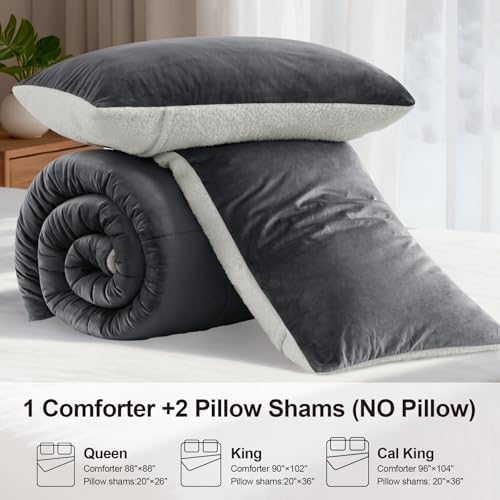 Fluffy Sherpa Cal King Comforter Set, Thick Bedding Set 3PC, Charcoal