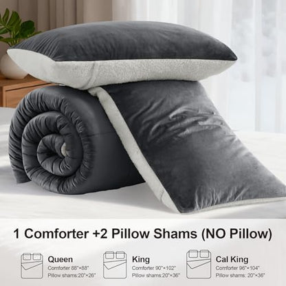 Fluffy Sherpa Cal King Comforter Set, Thick Bedding Set 3PC, Charcoal