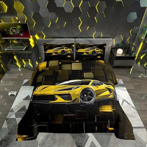 Erosebridal Race Car Bedding Set Toddler Size Yellow Racing Car Comforter Set for Kids Boys Teens 2 Pieces 3D Square Bedding Comforter Sets Speed Sports Car Geometric Down Comforter