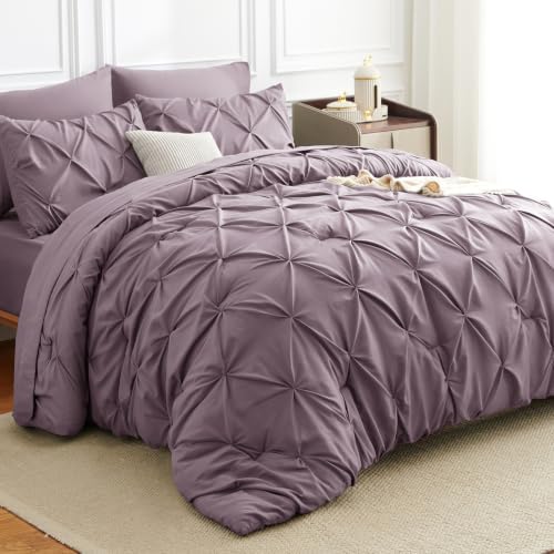 HIMEET King Size Comforter Set Dusty Purple - 7 Pieces Pintuck Bed in a Bag