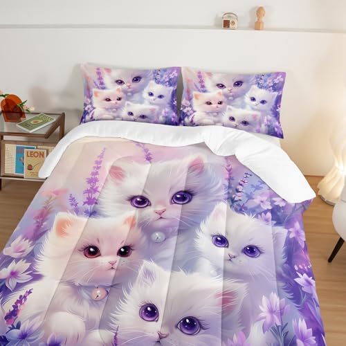 Cute Cat Comforter Bedding Sets King Size with 2 Pillowcases.