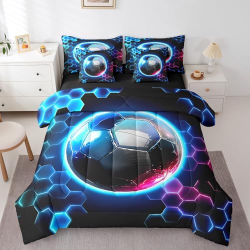 Erosebridal Boys Soccer Comforter Sets with Sheets - Geometric Honeycomb Bedding Set King for Boys Girls Colorful Neon Lights 7Pcs Bed in A Bag, Hexagon Sports Gamer Bed Set