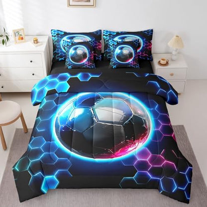 Erosebridal Boys Soccer Comforter Sets with Sheets - Geometric Honeycomb Bedding Set Twin for Boys Girls Colorful Neon Lights 7Pcs Bed in A Bag, Hexagon Sports Gamer Bed Set
