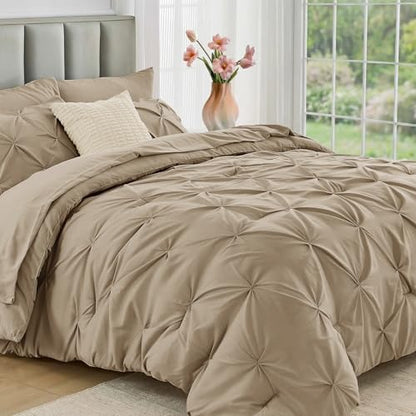JOLLYVOGUE Oversized King Size Comforter Set 7 Pieces - Bed in a Bag Oversized King for All Season, Pintuck Bedding Sets with Comforter, Flat Sheet, Fitted Sheet and Pillowcases & Shams, Dark Linen