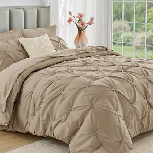 JOLLYVOGUE Twin Comforter Set 5 Pieces - Bed in a Bag Twin for All Season, Pintuck Bedding Comforter Sets with Comforter, Flat Sheet, Fitted Sheet and Pillowcases & Shams, Dark Linen