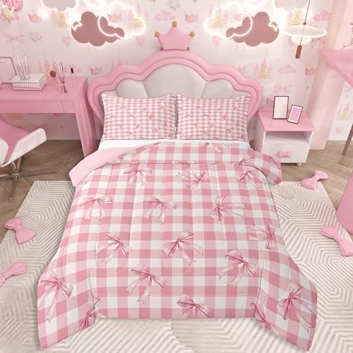 jejeloiu Checkerboard Bowknot Comforter Set All Season Pink Bow Bedding Set with 2 Pillow Cases Plaid Microfiber Kids King Bedclothes Green Bedroom Decor Duvet Quilt Breathable Soft Lightweight
