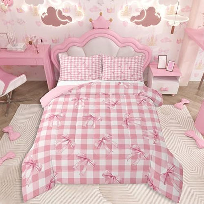 jejeloiu Checkerboard Bowknot Comforter Set All Season Pink Bow Bedding Set with 2 Pillow Cases Plaid Microfiber Kids King Bedclothes Green Bedroom Decor Duvet Quilt Breathable Soft Lightweight