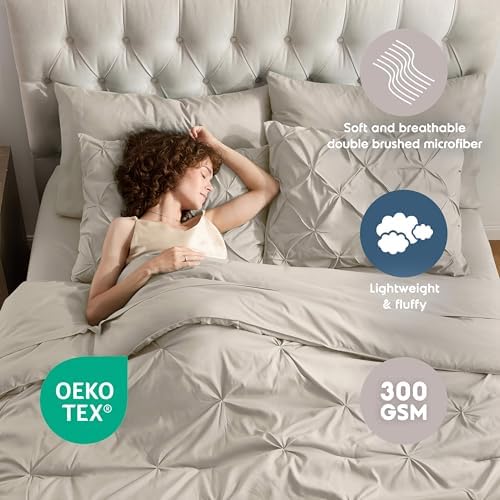 Nestl 9 Piece King Comforter Set – Beige Pinch Pleated Bed in a Bag – Complete King Size Bedding Set with Sheets, Set of 2 Cooling Pillows, Pillowcases and Shams