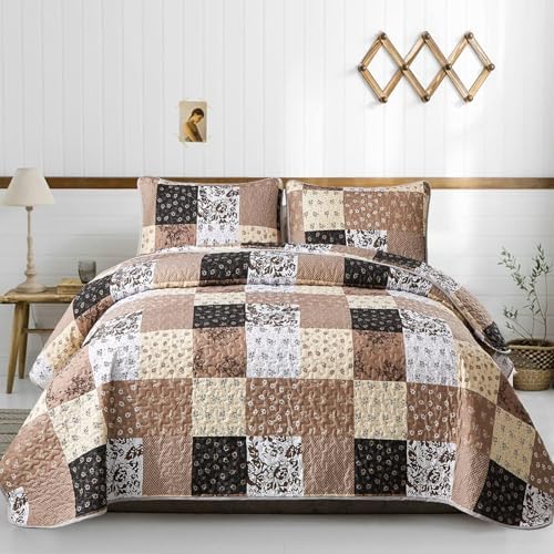 Mybedsoul Brown Quilt Set Full Size, Patchwork Floral Bedding Set