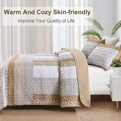 WONGS BEDDING Brown King Quilt Bedding Set, Bohemian Stripe Bedspread