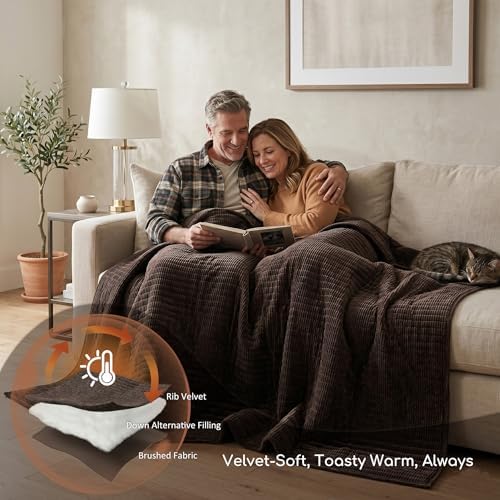 WDCOZY Velvet Queen Size Quilt Set - Chocolate Striped Soft Lightweight Bedspread, Dark Brown Neutral Ribbed Farmhouse Country Rustic Coverlet, Coffee Modern Bedding Warm Thin Comforter, 3 Pieces