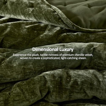 WDCOZY Cloud Soft Queen Size Quilt Set, Dark Olive Green Chenille Velvet