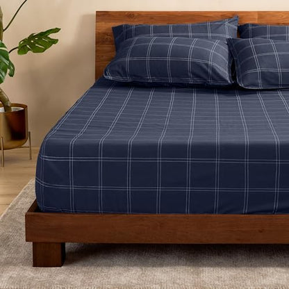 Bare Home Fitted Sheet (King, Modern Plaid - Midnight Blue/White)