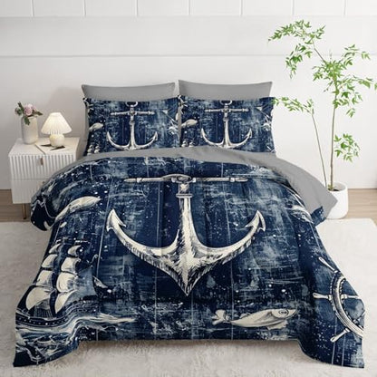 7Pcs Nautical Anchor Comforter Set Ocean Sailboat Printed Bedding Set with 1 Comforter, 1 Flat Sheet, 1 Fitted Sheet and 4 Pillowcases for Bedroom All Season(Anchor Full)