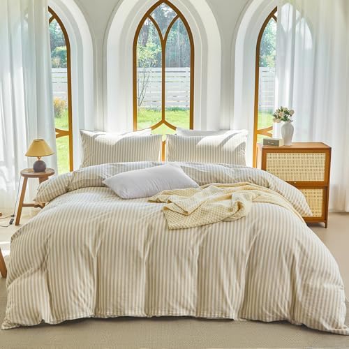 Striped Duvet Cover Set Full Size 100% Washed Cotton Linen Feel 3 Piece Bedding Set Comfy Breathable (Full, Classic Stripe-Beige/White)