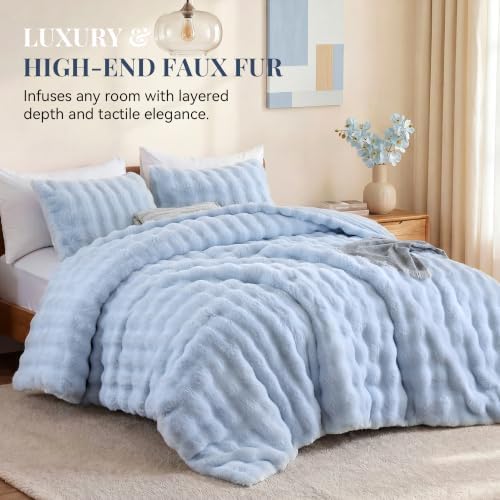 Smoofy Fluffy Faux Rabbit Fur Bubble Comforter Full Size - Light Blue