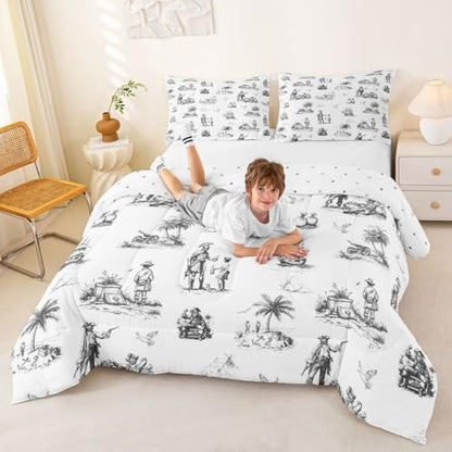 Pirate Ship Comforter Set King Size,Ocean Sailing Boat Seagull Bedding Sets 3Pcs Teens Adult Woman Men Room Decor,Tropical Coconut Tree Duvet Insert Vintage Sketch Grey Down Comforter,2 Pillowcases
