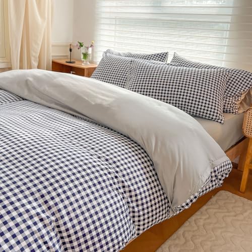 NSNLGSGC Navy Gingham Duvet Cover Set, King, Dark Blue Grid