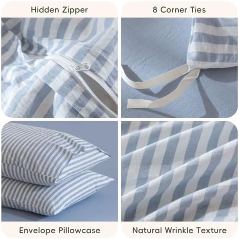 JIYUAN Twin Washed Cotton Duvet Cover Set, 2-Piece, Linen-Like Stripe