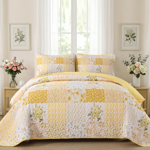 Mybedsoul Boho Quilts Queen Size, Patchwork Reversible Bedding Set, Yellow