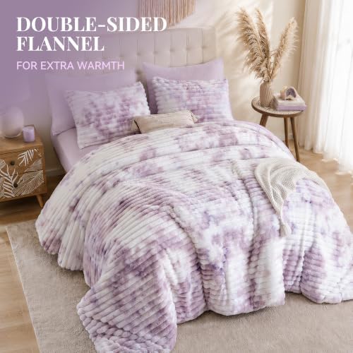 Smoofy Fluffy Queen Size Comforter 3 PCS- Tie Dye Purple Fleece Bedding Set