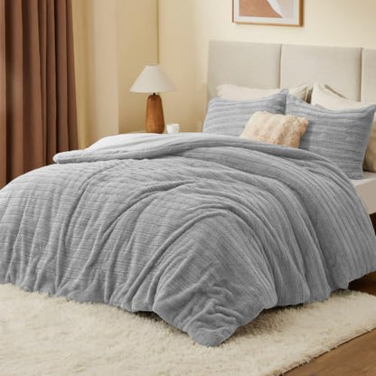 BEDELITE Faux Fur Queen Comforter Set, Fluffy Bed Set, Light Grey