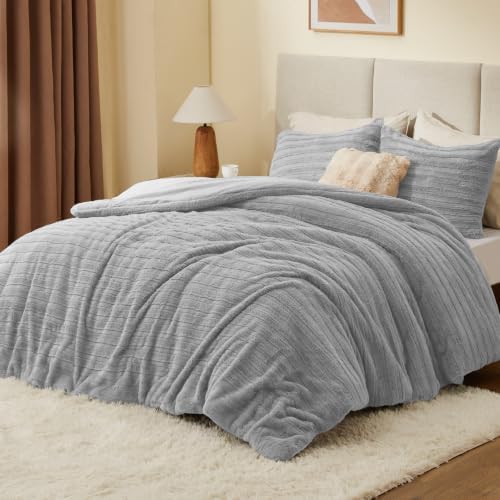 BEDELITE Faux Fur King Size Comforter Set, Fluffy Bed Set, Light Grey