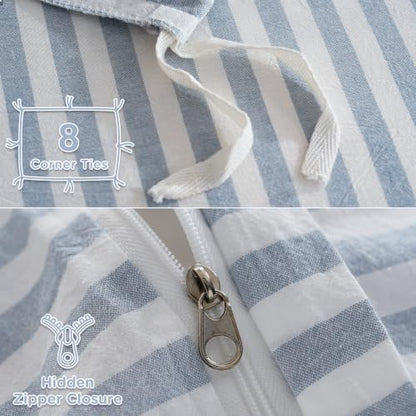 TOCOMOA Blue Striped Duvet Cover Set 100% Washed Cotton Like Linen, King