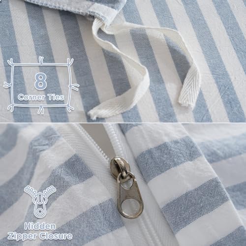 TOCOMOA Blue Striped Duvet Cover Set 100% Washed Cotton Like Linen, Queen