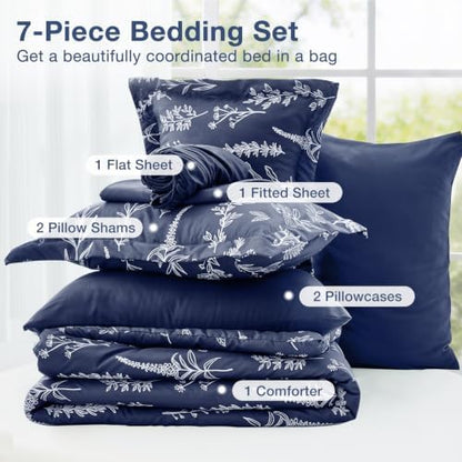 MUXHOMO Navy Blue Cal King Comforter Set, Elegant Floral Print Bed in a Bag 7 Pieces, Ultra Soft & Breathable Reversible Botanical Pattern Bedding Set with Comforter, Sheets, Pillowcases, and Shams