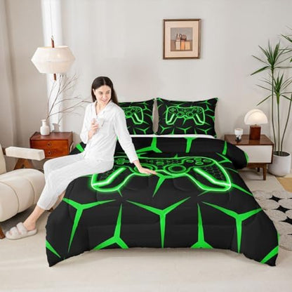 Feelyou Gamer Bedding Set Full Size Gaming Duvet Quilt for Kids Teens Adults Game Controller Comforter Set Geometric Gamepad Green Room Decor 3Pcs with 2 Pillow Case