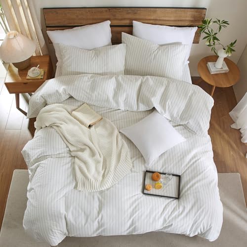 Striped Duvet Cover Set 3 Piece 100% Washed Cotton Linen Like Textured Bedding Comfy Breathable Lightweight (Queen, Wide Stripe-White/Green)