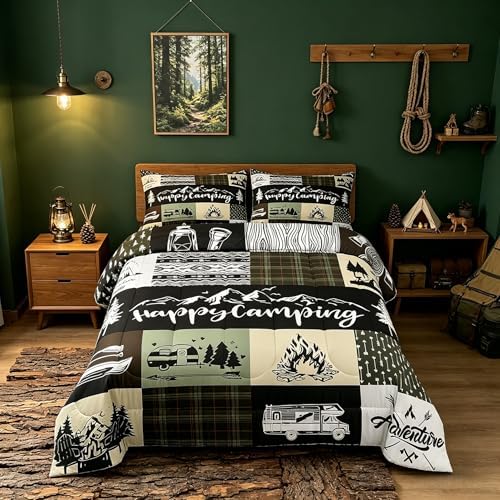 Castle Fairy Camping Camper Full Size Comforter Set,RV Inside Decor Rustic Patchwork Bedding Comforters Bedroom Collection,Farmhouse Lodge Hunting Green Check Bedding Set for Girls Teens